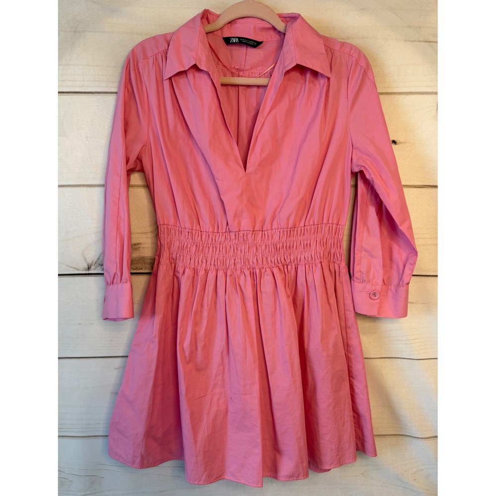 Zara Pink Poplin Smocked Waist Mini Dress Long Sleeve V-Neck Barbiecore Medium